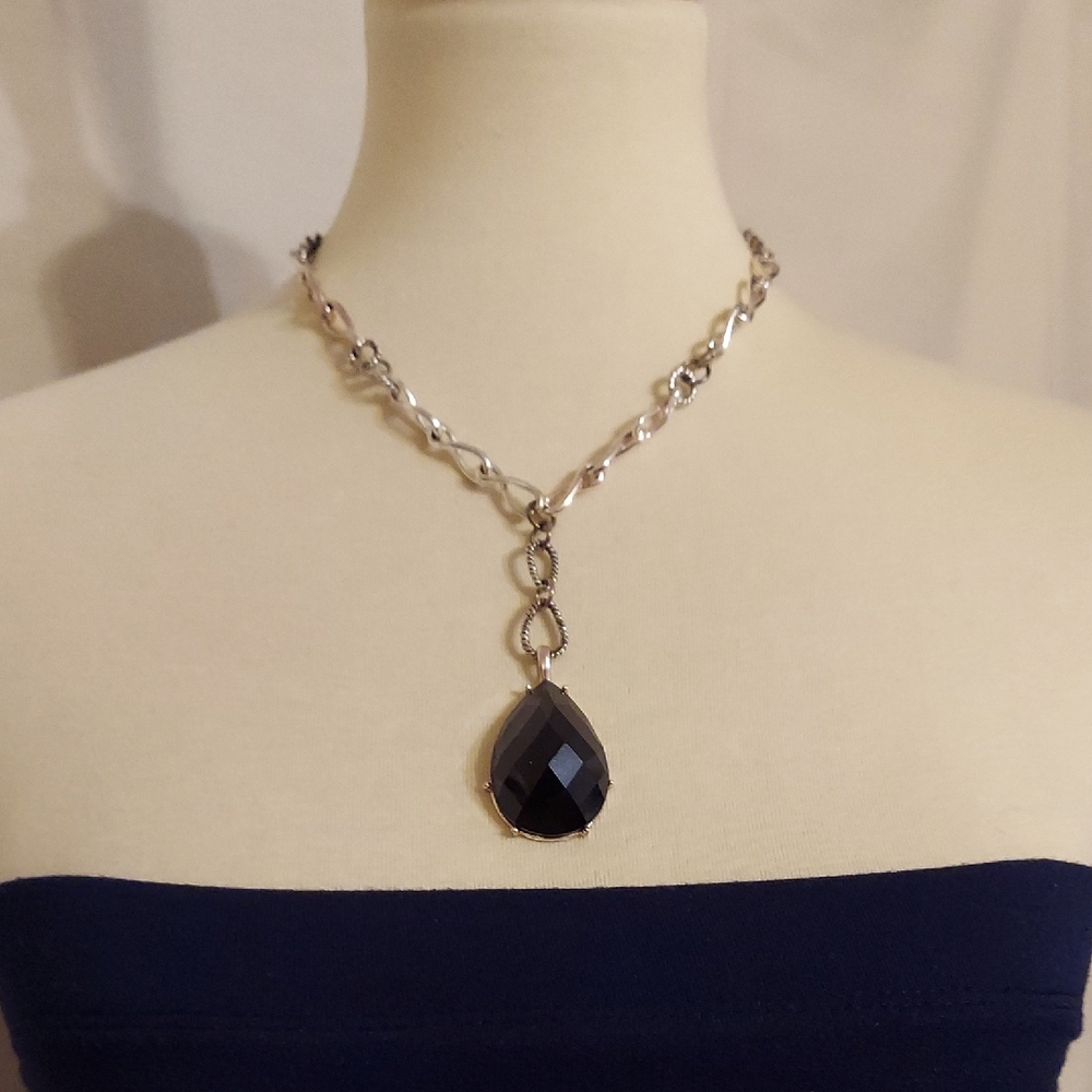 ‼️3 for $30‼️  Silver-tone Necklace with Large Black Jeweled Teardrop Pendant